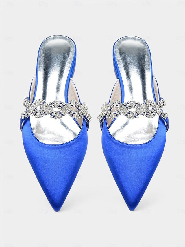Heels Pointed-Toe Mule - Blue with Satin Detailing Rhinestone