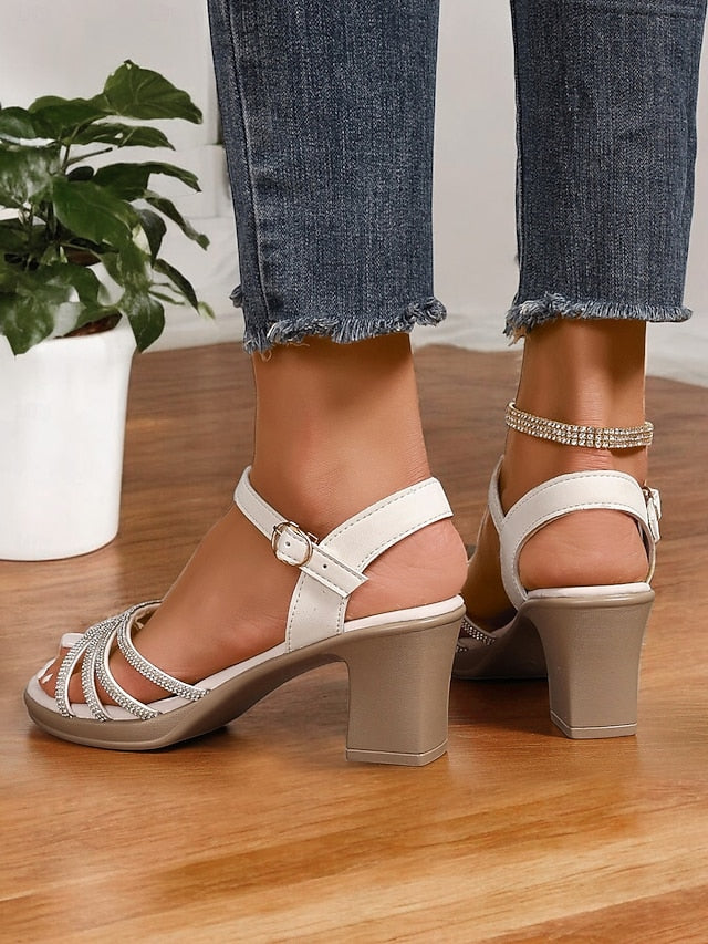 Strappy Sandals Heel Comfortable - Rhinestones Block Black with