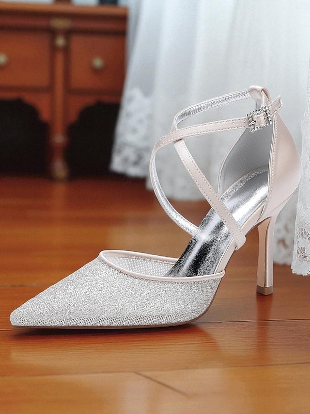 Elegant Strap - Silver Ankle Heels Glitter Stiletto Women's