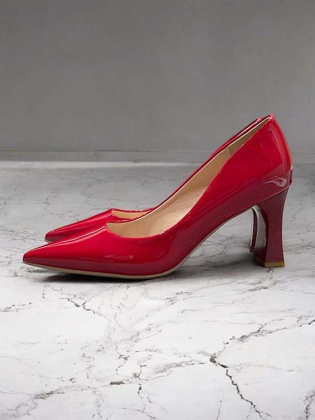 Faux Green Heel Leather Pointed-Toe Patent Block Glossy Pumps