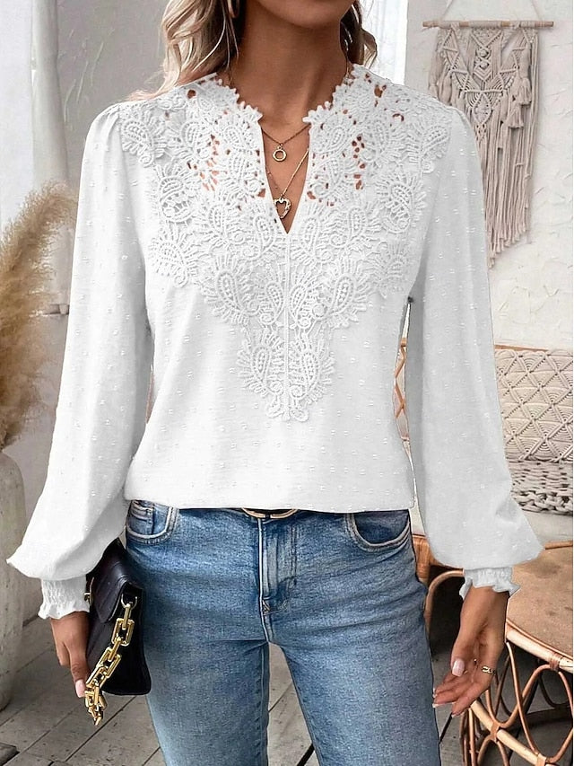 Women's Shirt Blouse Solid Color Basic Casual Long Sleeve V