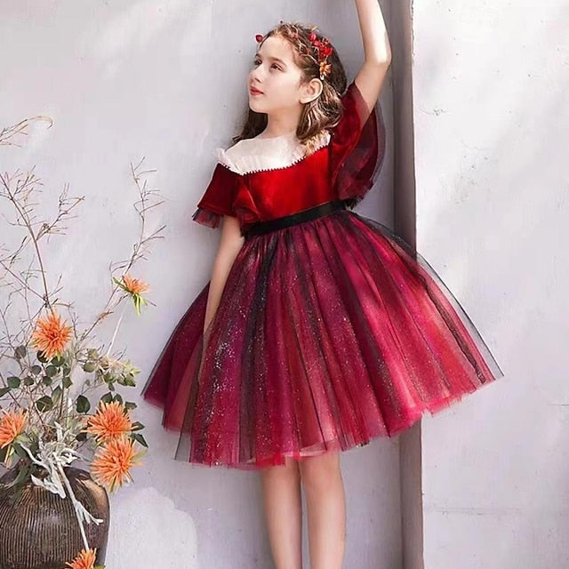 Kids Flower Color Solid Girl Party Dress Girls' Short