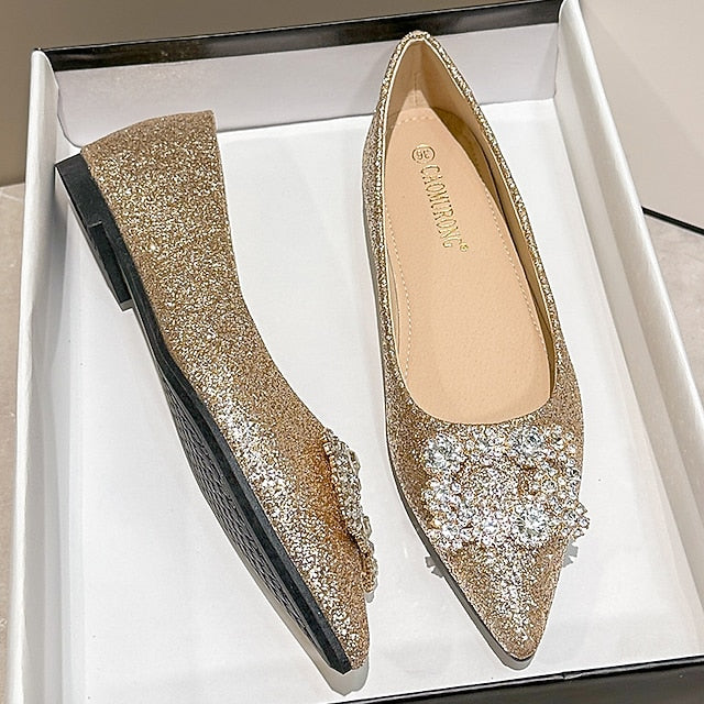 with Rhinestone Embellished Flats Women's Glitter Silver