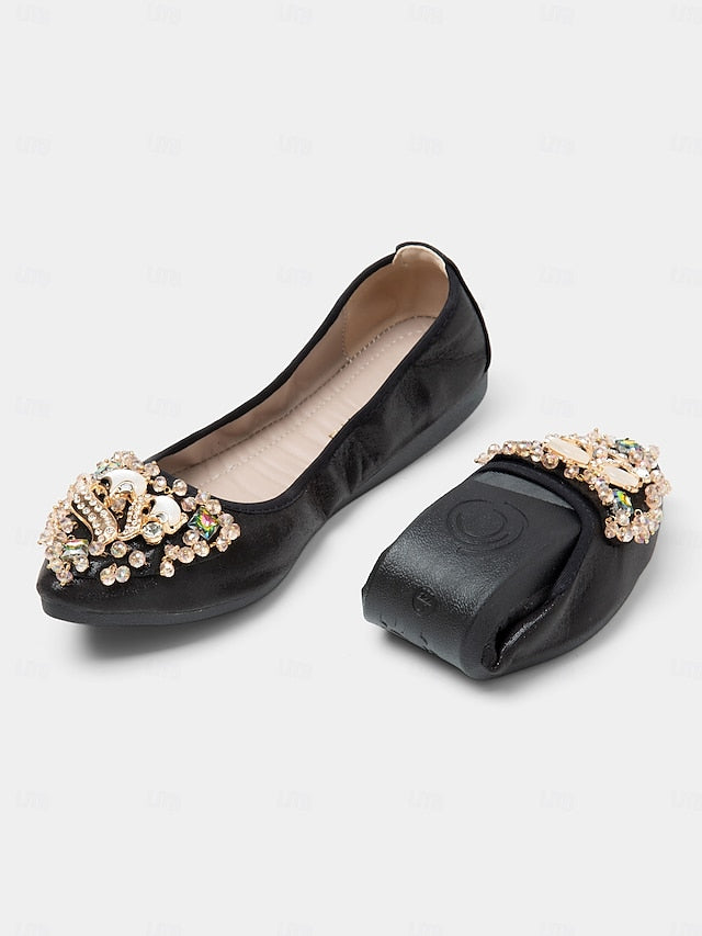 Women's Foldable Flats Rhinestone Black Ballet with
