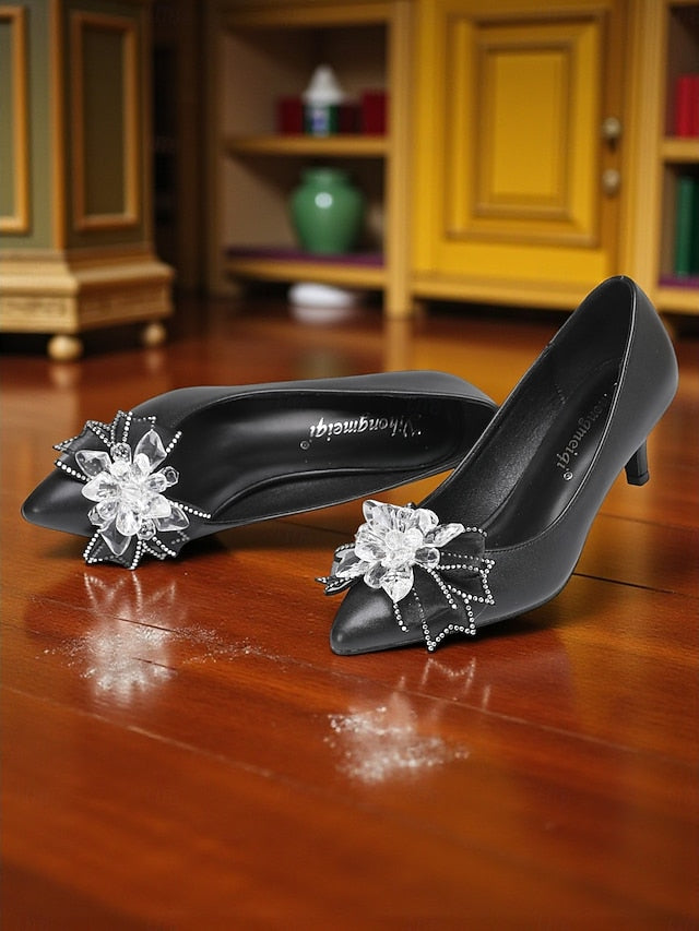 Women's Wedding White Bow Shoes Crystal with Low Heel