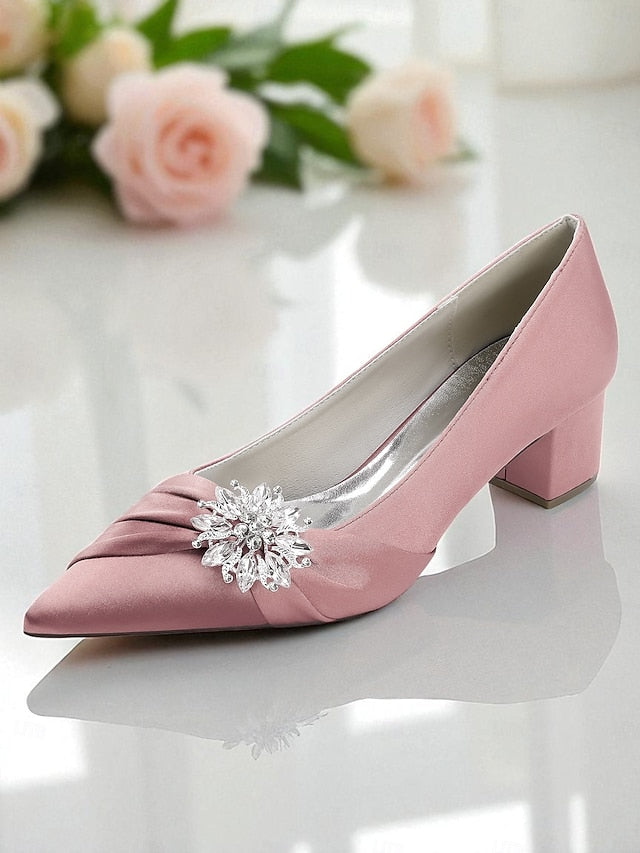 Women's Pumps with White Crystal Block Heel Low