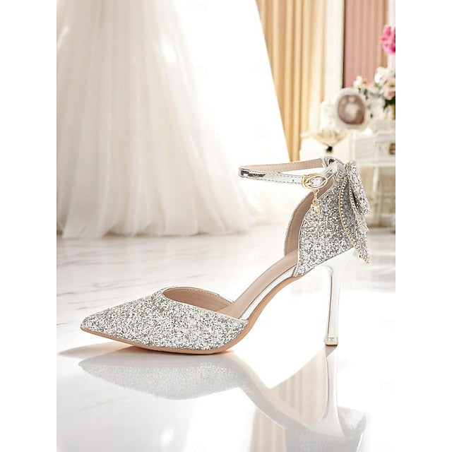Heels Bow Toe Sparkly Glitter Silver Pointed Women's -