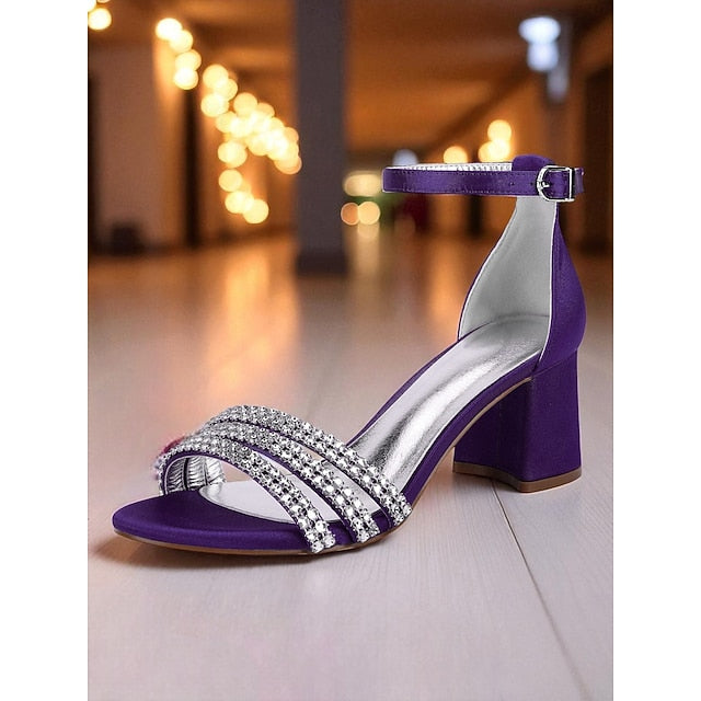 with Women's Block Sandals Satin Rhinestone Heel Purple