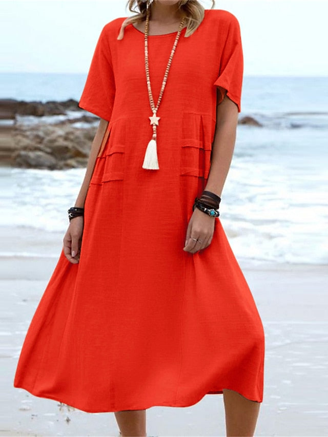 Women's Blue Black Pink Summer Spring Midi Dress Faux