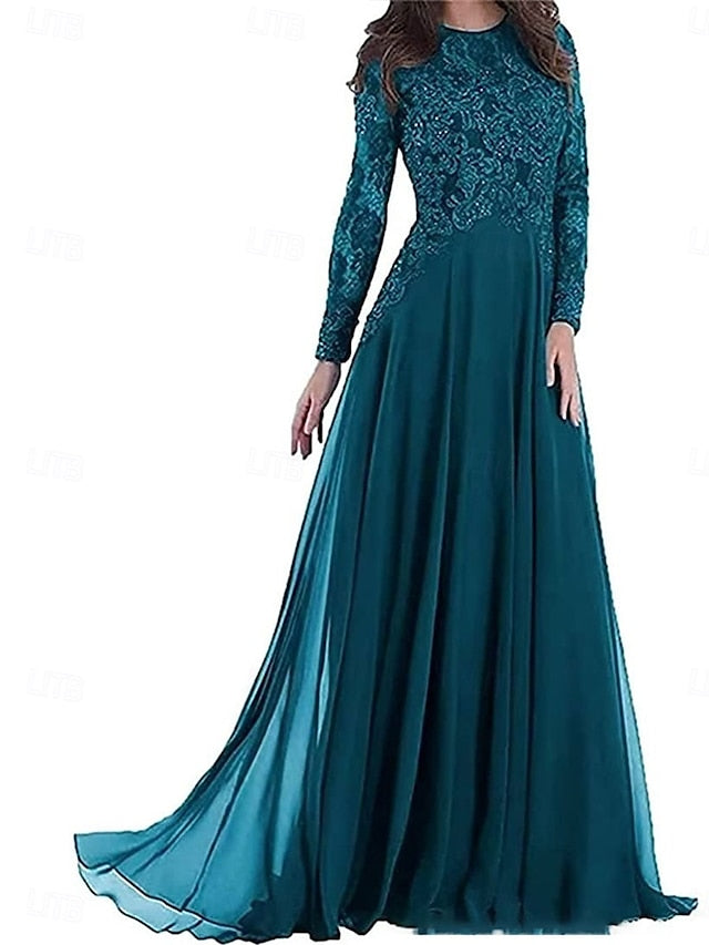 Dress Floor Bride A-Line the of Mother Elegant Crew Party Neck