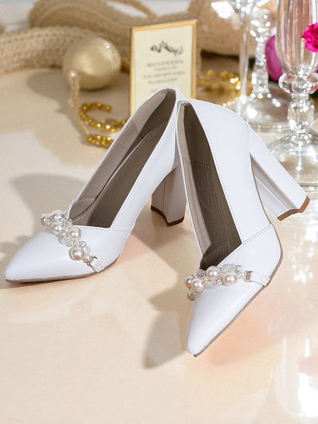 Block Decor Women's Pumps Heel Pearl White