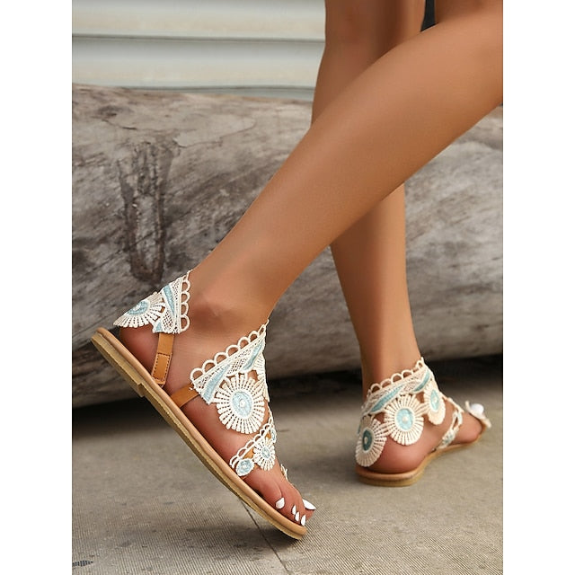 Boho Sandals Floral Vintage-Inspired Women's Flat Lace –