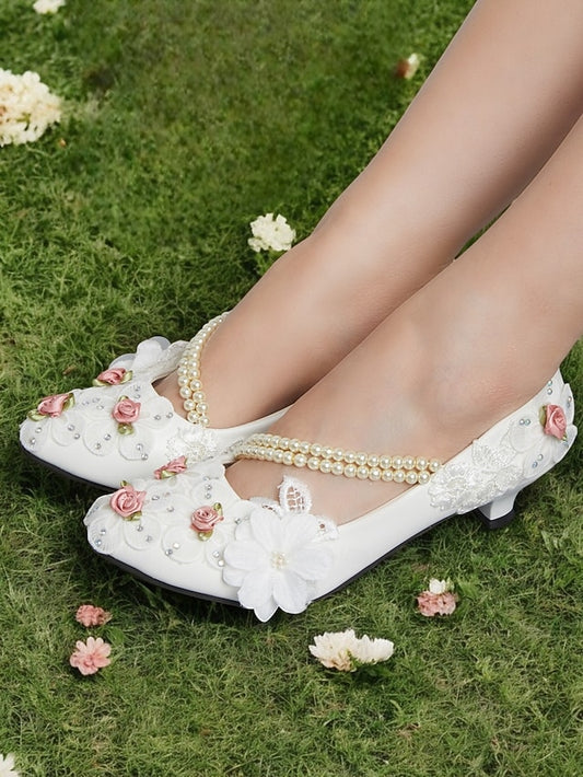 Pearl Low White Strap Bridal Embellished Heel Shoes Floral for