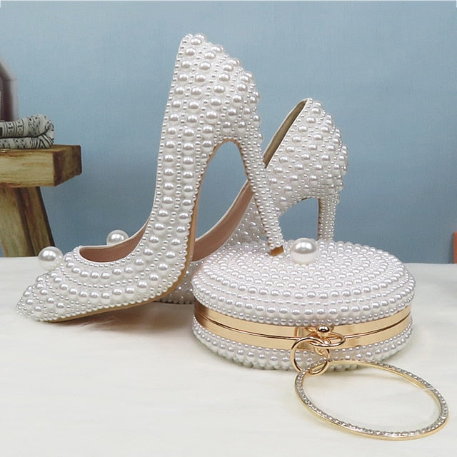 Set White Pearl Heels Pearl-Embellished Purse Stiletto and Round
