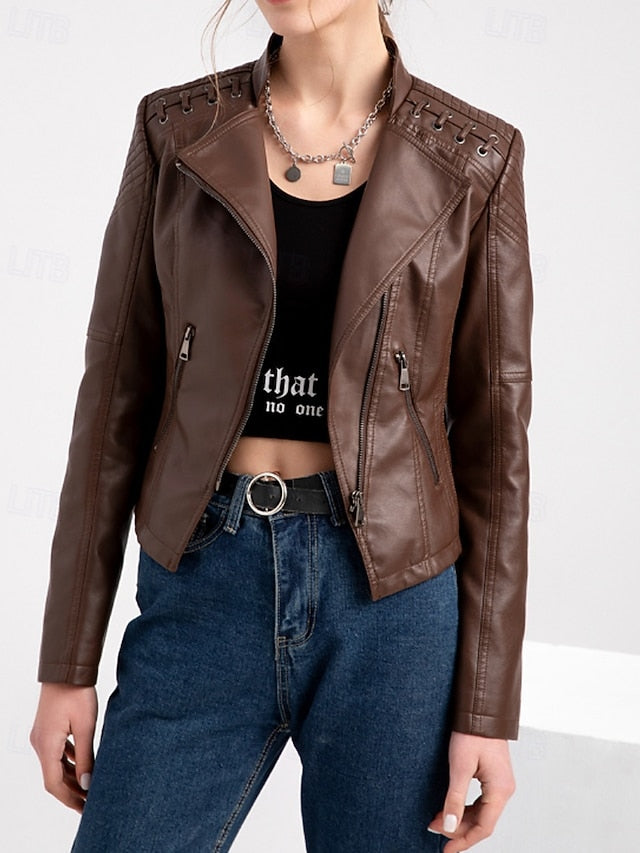Pocket Jacket Faux Women's Zipper Comfortable Leather