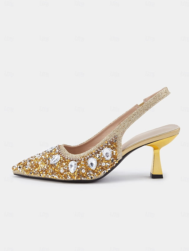 Pearl Rhinestone Women's Slingback with Heels Gold
