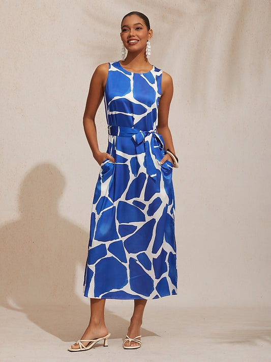 Vacation Geometric Color Block Print Straight Fit Satin Maxi