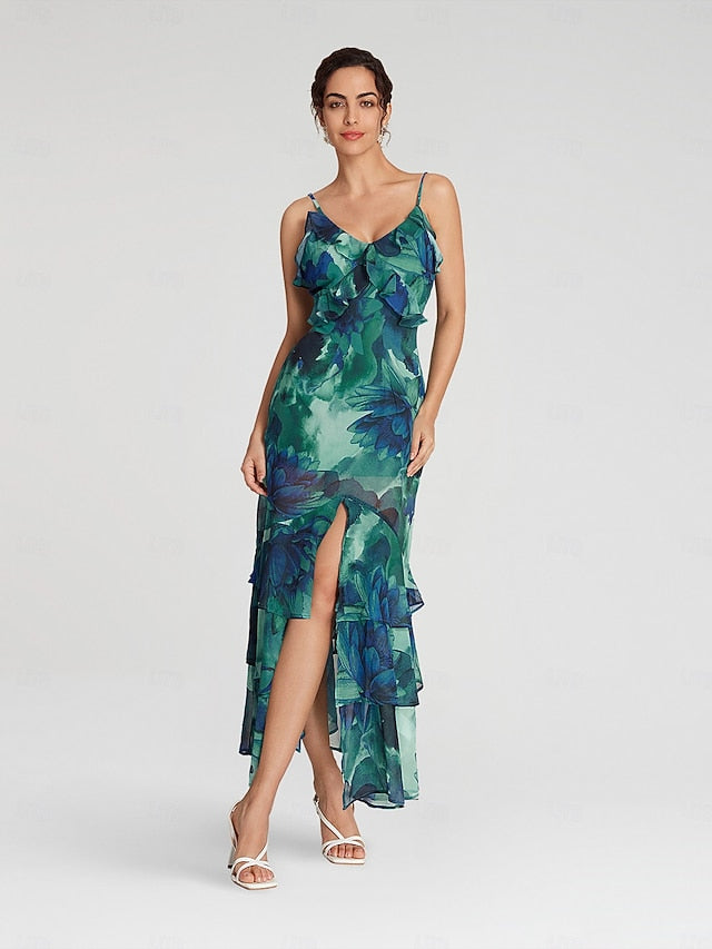 Chiffon Wedding Guest Floral Ruffle Split Ends Sleeveless Maxi