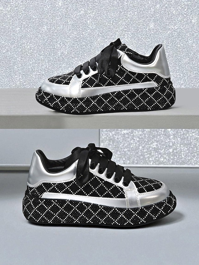 Quilted and Women's Rhinestone Silver Sneakers - Black