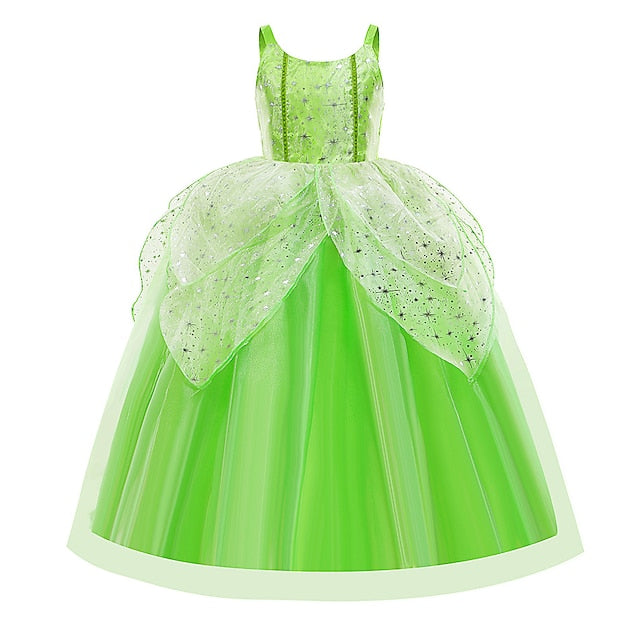 Tiana Fairytale Dress Girl Princess Theme Bell Tinker Flower