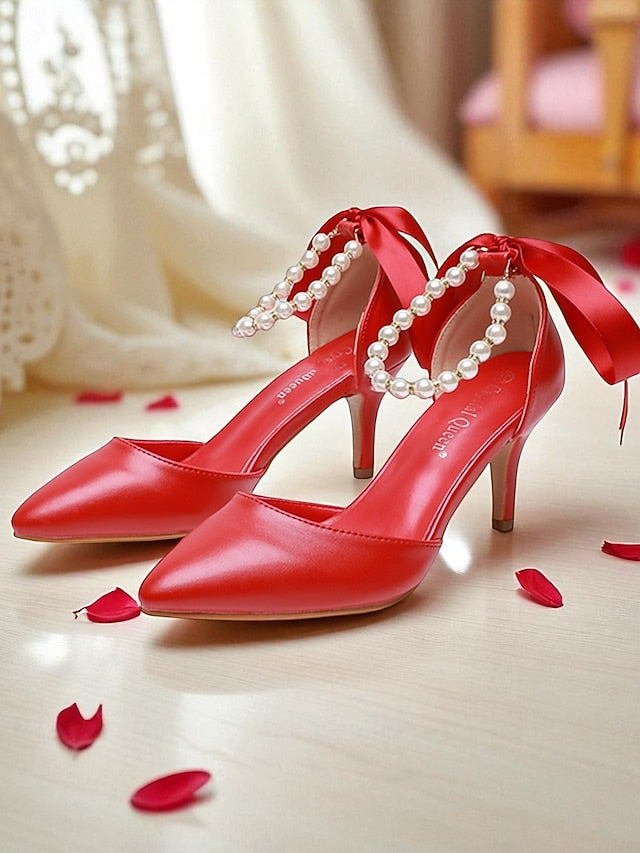 Ankle Bow Heel Pearl Women's Pumps Strap - Blue Kitten with