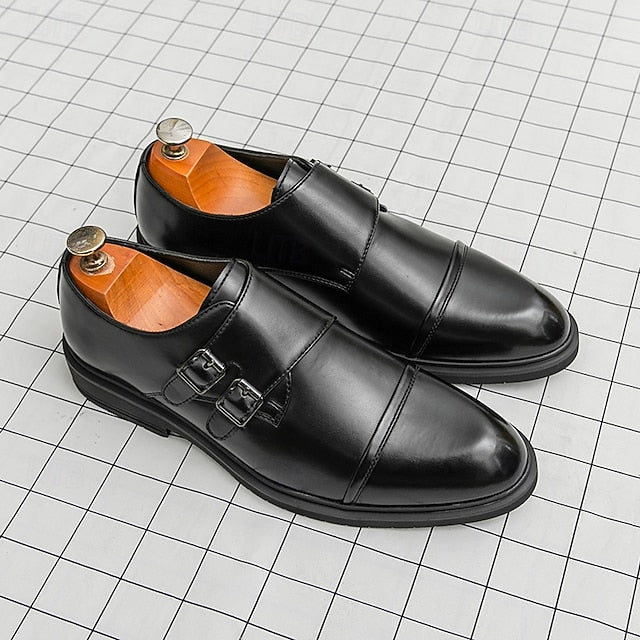 Shoes Strap Faux Men's –  Leather Double Monk Brown