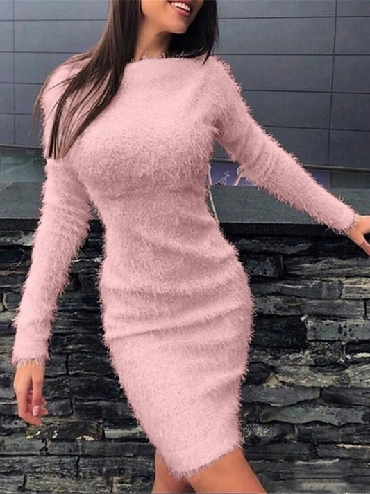 Women's Casual Dress Mini Dress Fleece Casual Crew Neck