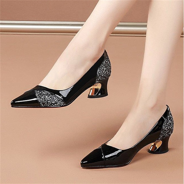 Block Heels Glitter-Accented Patent Women's Leather Faux