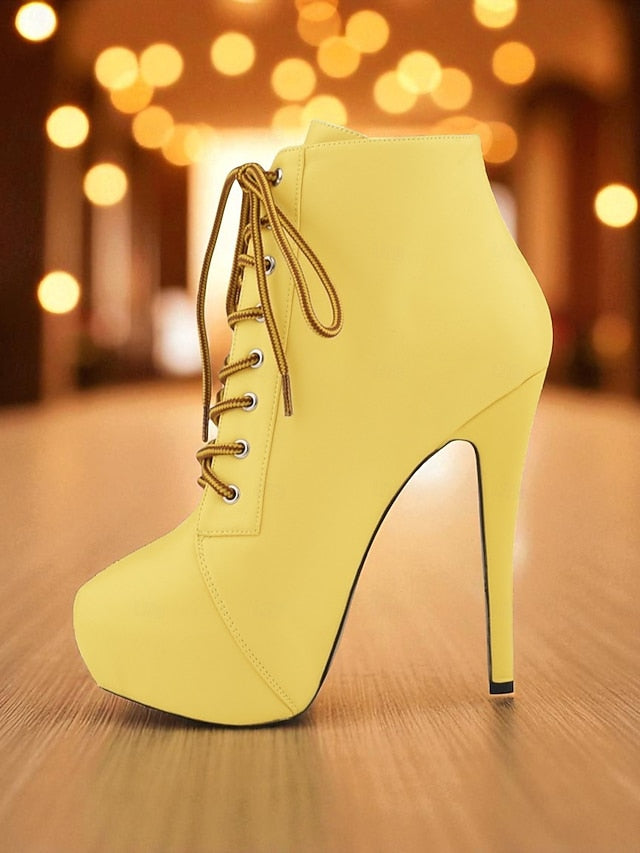 Beige Faux Lace-Up Women's Leather - Platform Boots Ankle