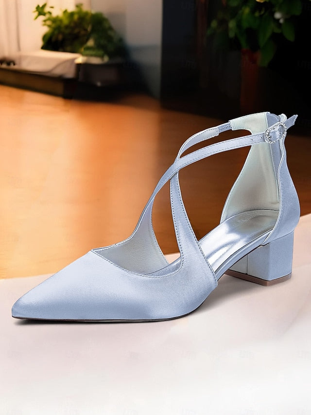 Elegant Ivory Heels Satin Block Pointed Women's Toe -