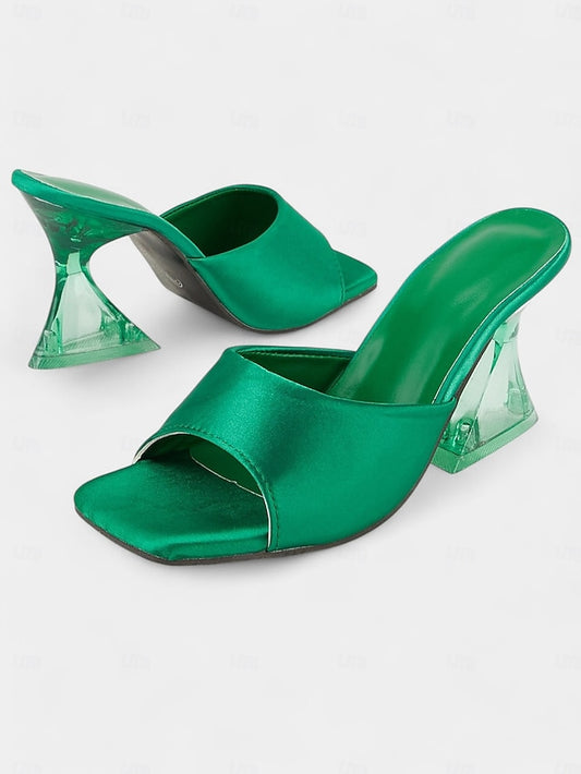 Heels Block Open-Toe for with Satin Green Mules Transparent