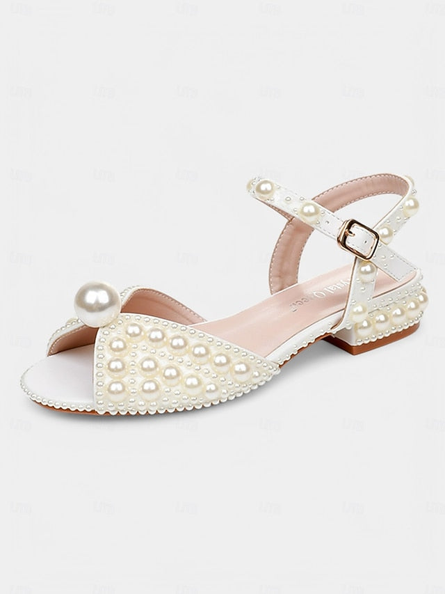 Heel White Sandals – Low Pearl-Embellished Women's