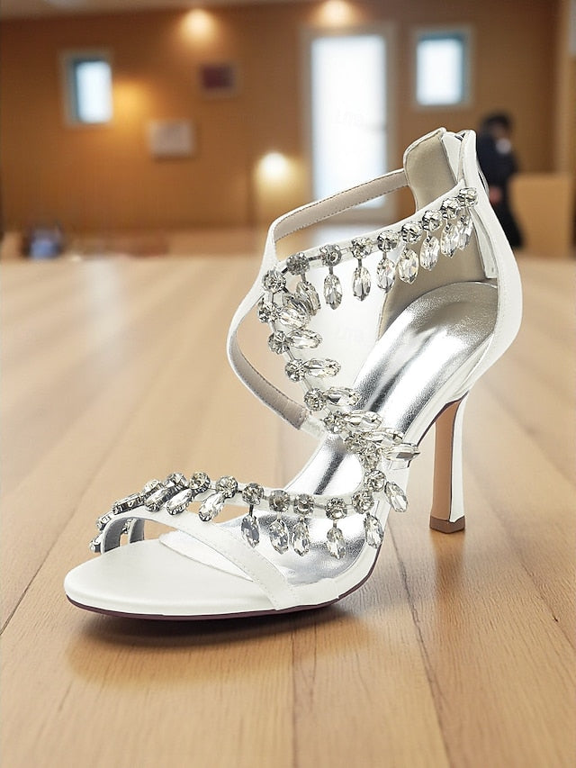 with High Rhinestone White Women's Sandals Heel Strappy