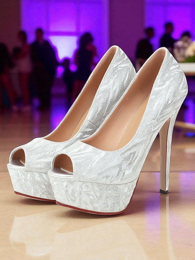 Women's Silver Peep-Toe Platform Subtle Pattern with Heels