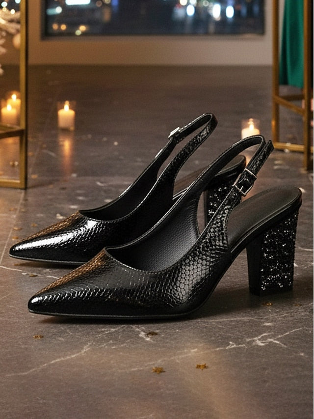 Slingback Toe - Pointed Women's Heel Block with Gold Pumps