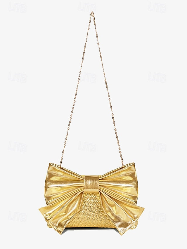 Gold Bow Oversized Women&#39;s with Bag Faux Clutch Leather