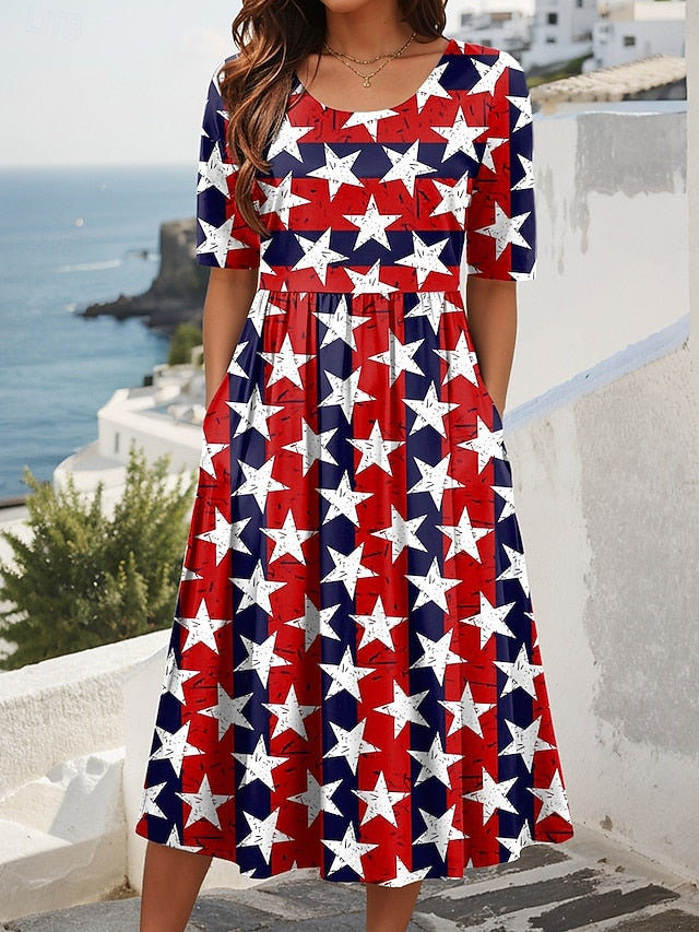 Women's Patriotic  Midi Dress Summer Dress Pleated Dress