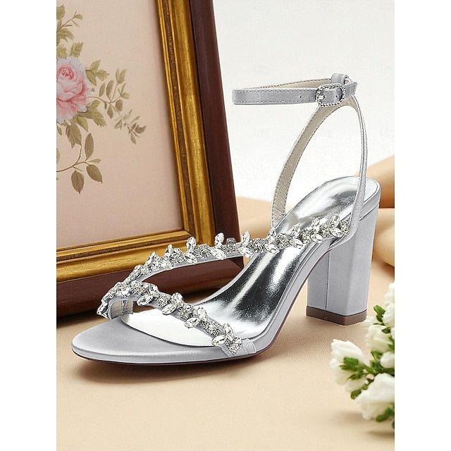 - Heel White Women's Block Rhinestone Straps with Sandals