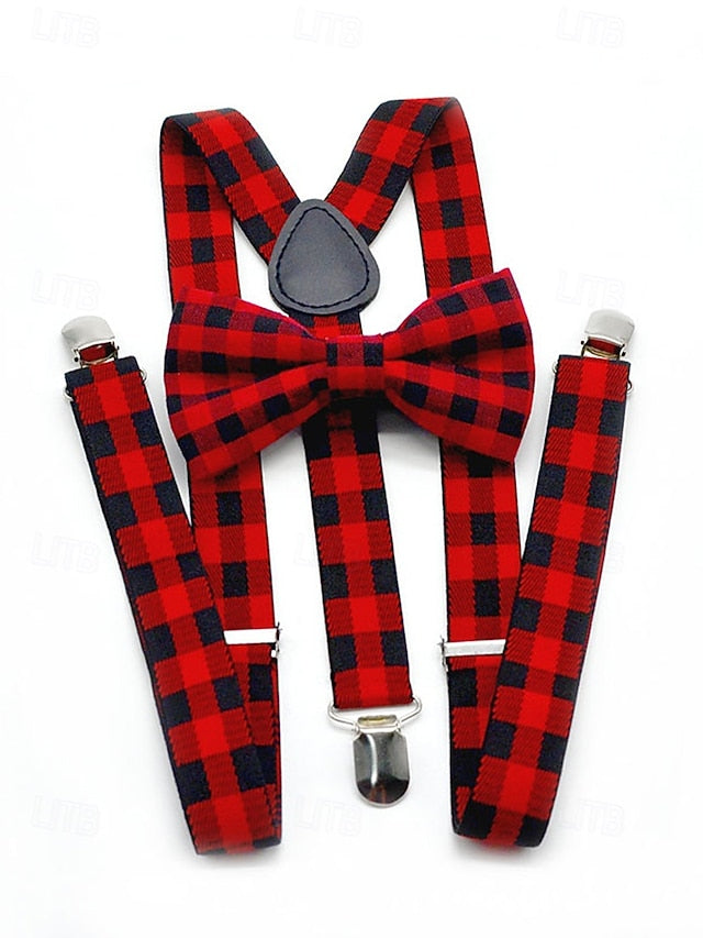 Adjustable Plaid Christmas Bow Set and Suspender Men's Tie