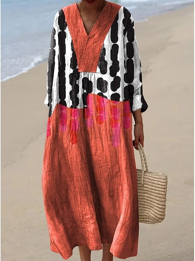 Women's Midi Dress V Neck Long Sleeve Kaftan Lightweight