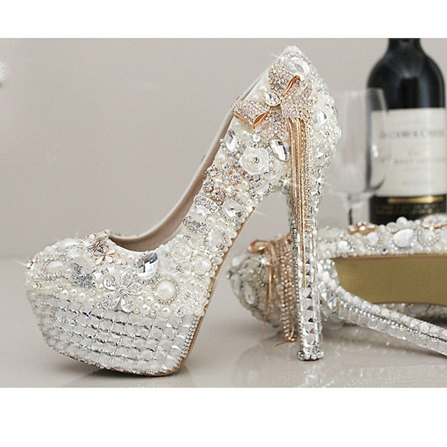 Women's Pearl and Rhinestone Platform White Embellished