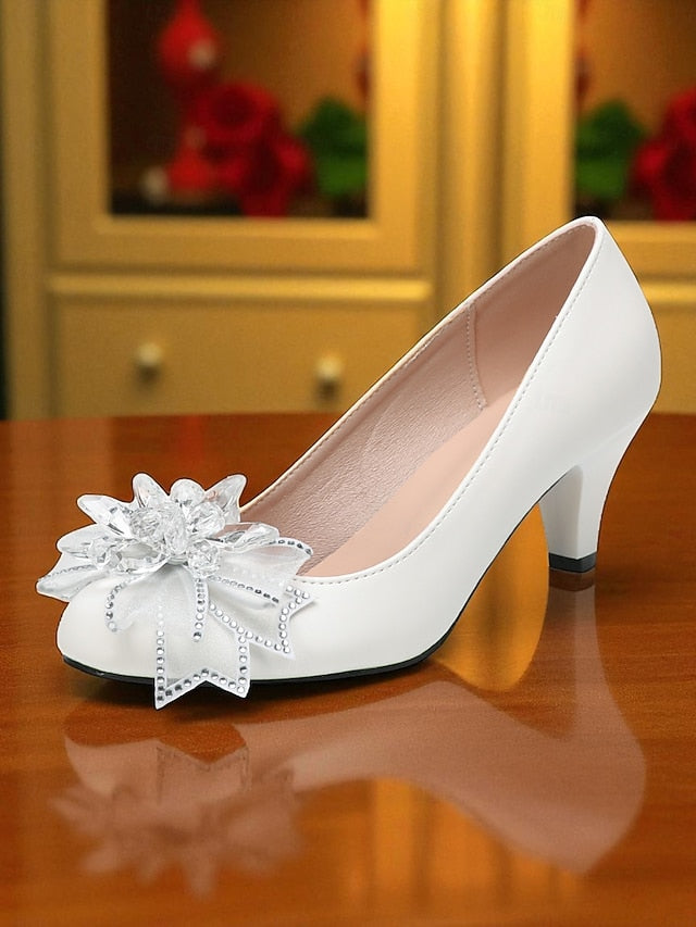 Women's Wedding White Bow Shoes Crystal with Low Heel