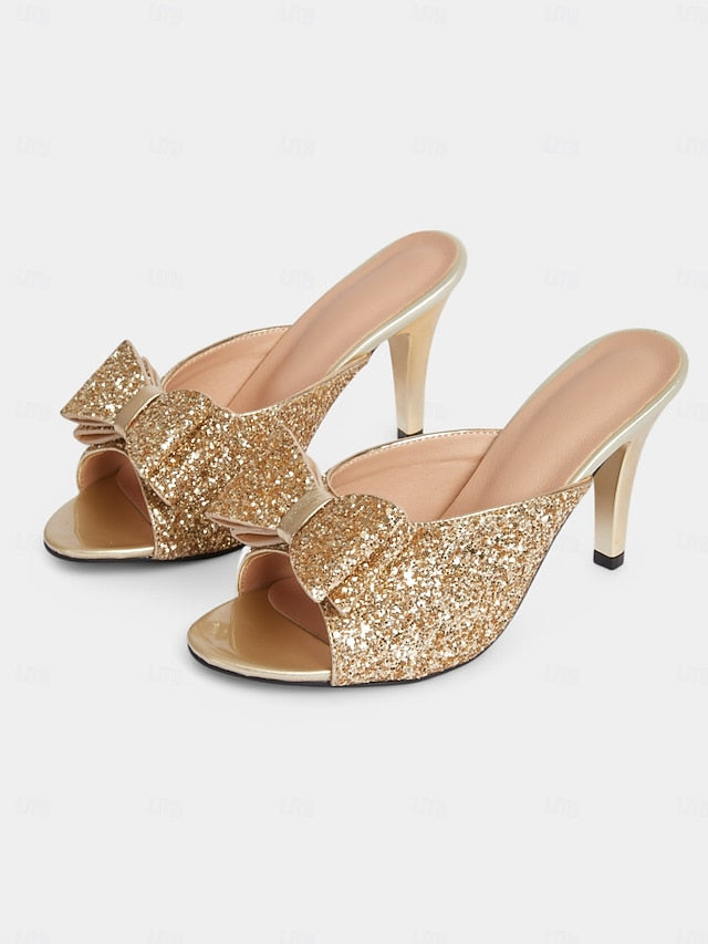 Mules Glitter Bow Stiletto – Party Women's Gold Glamorous