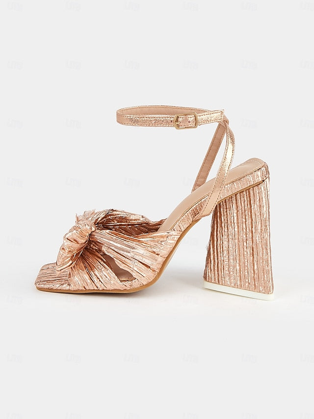 Knot Textured Detail Rose Sandals Block with and Gold Heel