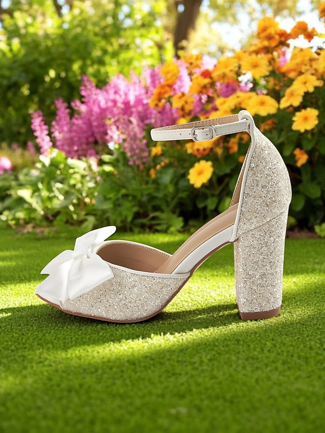 Glitter Ankle Heel Block Women's Wedding Sandals White with
