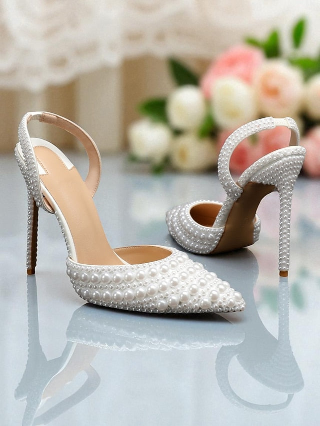 Slingback Pearl-Embellished Heels Women's Leather White -