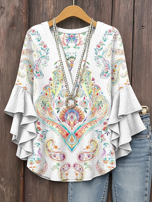 Women's Retro Blouse Layered Ruffle Sleeve Tops Vintage