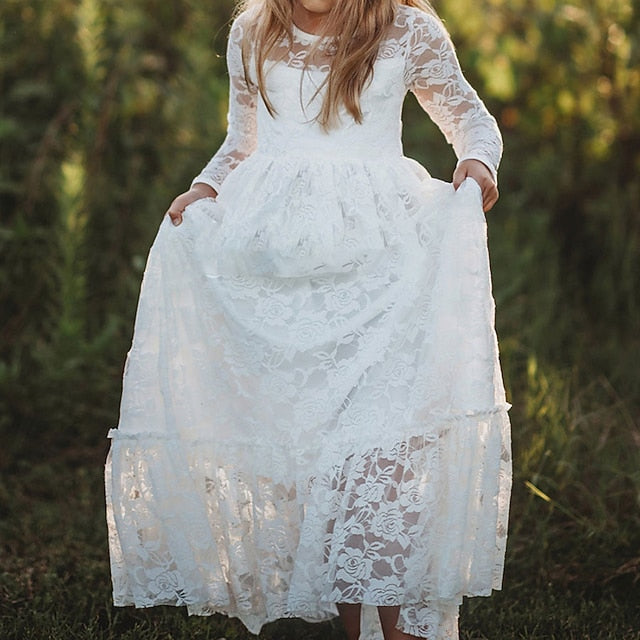 Flower Solid Girls' Long Kids Colored Girl Dress