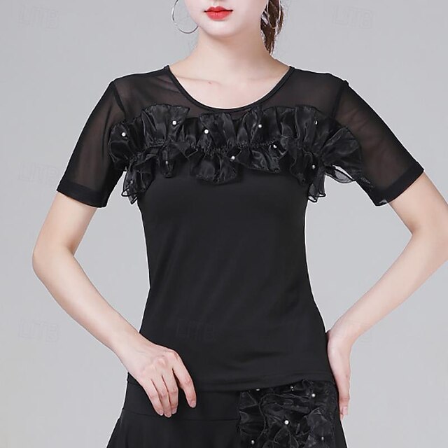 Latin Dance Ballroom Dance Top Pure Color Ruffle Splicing