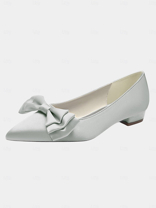 Green Bow Elegant Pointed Toe - Satin Flats Women's